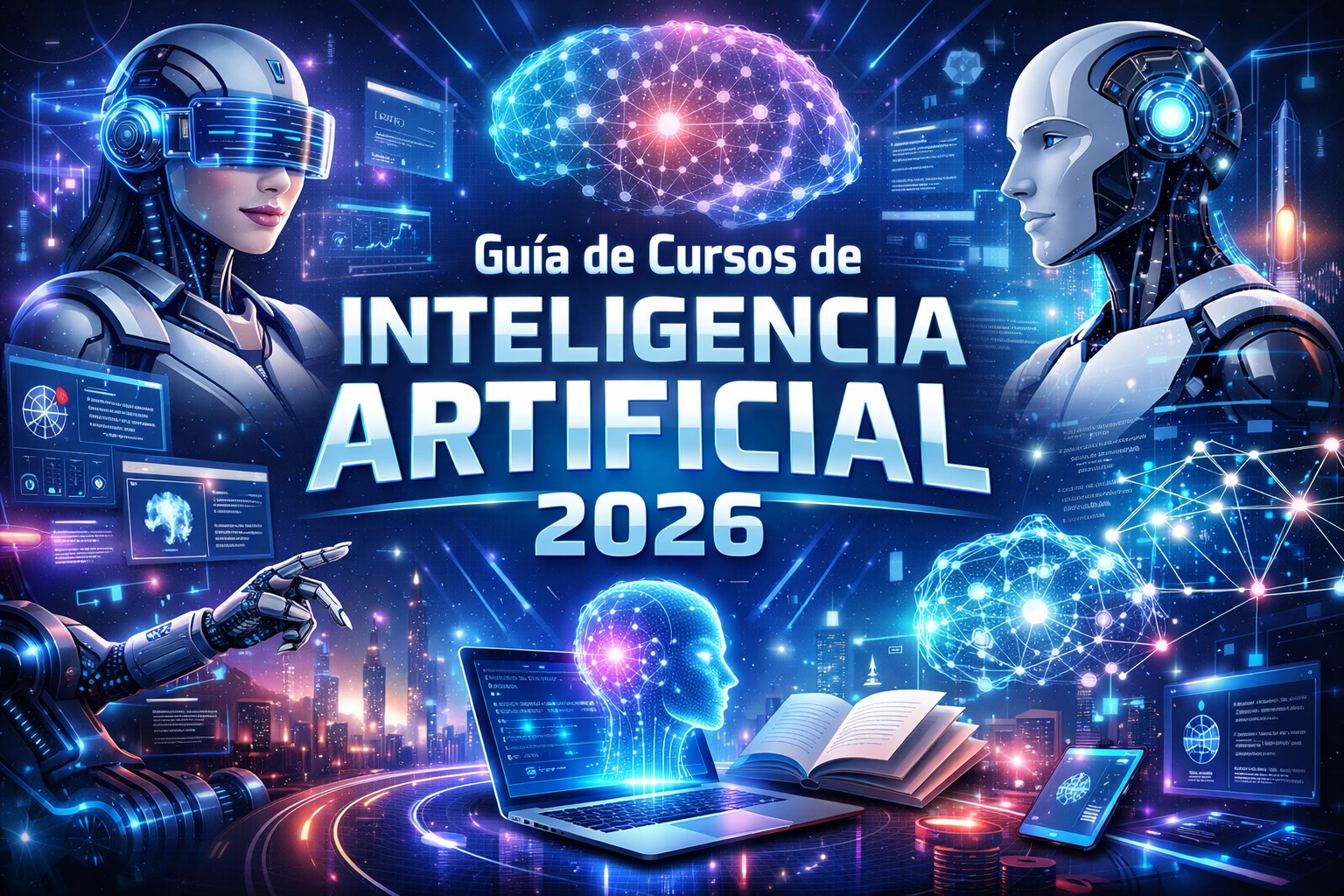 Ilustración editorial de una guía de formación en inteligencia artificial